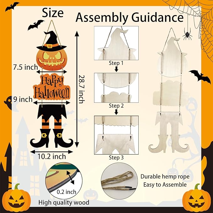 Halloween Door Decorations Halloween Wreath Witch Legs Front Door Hanger Scary Pumpkin Witch Hat Hanging Sign Wooden Wall Decor for Room Party Indoor Home Decor