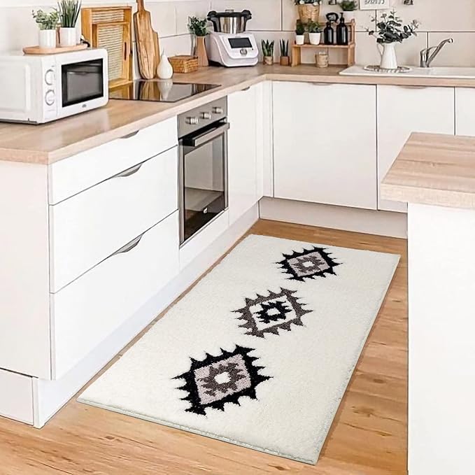 DEXDE Boho Bathroom Rugs Black White Bath Mat Non Slip Western Geometric Bath Rug Luxury Soft Modern Absorbent Carpet for Bathroom Shower Kitchen Entryway Farmhouse,24x36
