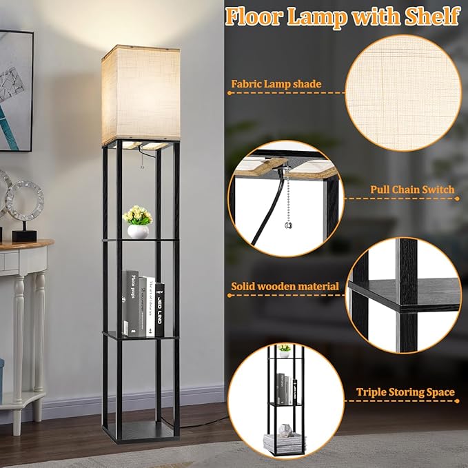 Dott Arts Floor Lamp with Shelves, Floor Lamps for Living Room Decor Display Shelf Lamps with 3 Color LED Bulb, Modern Floor Lamp for Bedroom Standing Lamp for Living Room Office,Home Decor(Black)