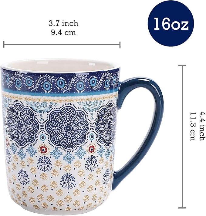 Bico Blue Talavera Ceramic Mugs, Set of 4, for Coffee, Tea, Drinks, Microwave & Dishwasher Safe