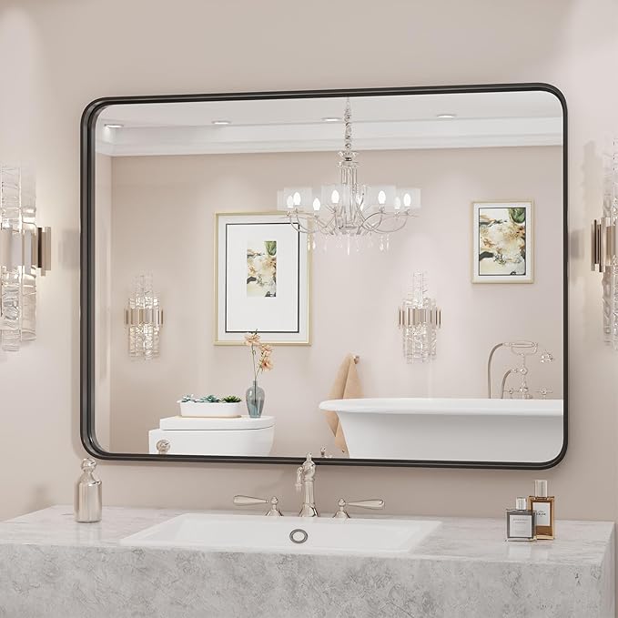 Sweetcrispy Black Metal Framed Bathroom Vanity Mirrors for Over Sink Wall, 30x40 Inch Large Rounded Rectangle Mirror, Modern Decorative for Restroom, Farmhouse, Horizontally or Vertically Hanging