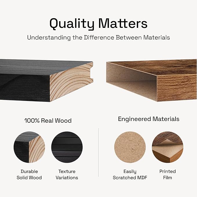 BAOBAB WORKSHOP Wood Floating Shelves for Bathroom Wall - Black Shelf 16 inch - Solid Wood Shelves for Wall for Bedroom Kitchen Living Room - Black Floating Shelves - 16 x 6.7 Inch, Set of 2