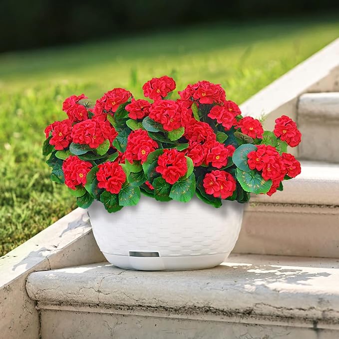 Fake Outdoor Flowers, 4 Pcs Artificial Flowers For Outdoors, Red Artificial Geraniums Plastic Flowers, Fake Plant For Outside, Silk Faux Flowers For Outdoor Planters UV Resistant For Front Porch