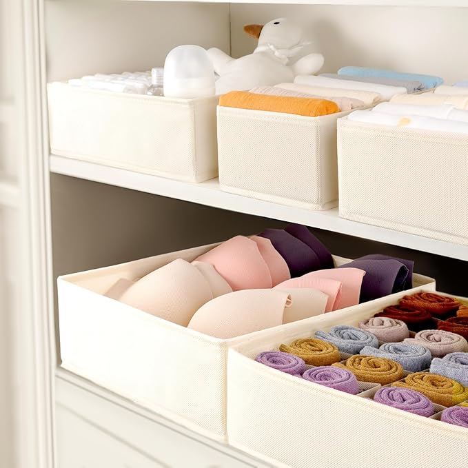 Criusia Underwear Sock Drawer Organizer Dividers 8 Set, Foldable Dresser Closet Organizers and Storage Bins for Baby Clothing, Sock, Underwear, Bra, Ties, Scarf (Beige)