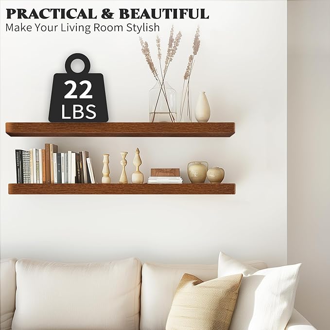 Floating Shelves for Wall,Rustic Wood Shelves Floating for Bathroom Living Room Bedroom and Kitchen,Long Hanging Shelf for Books/Storage Room/Decor (Rustic Brown,Set of 2,24 in)