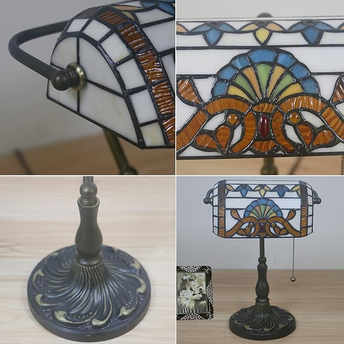 Tiffany Style Bankers Table Lamp Stained Glass Piano Desk Lamp Vintage Bedroom Bedside Lamp for Study,Antique Alloy Base,Zipper Switch,Green Baroque a