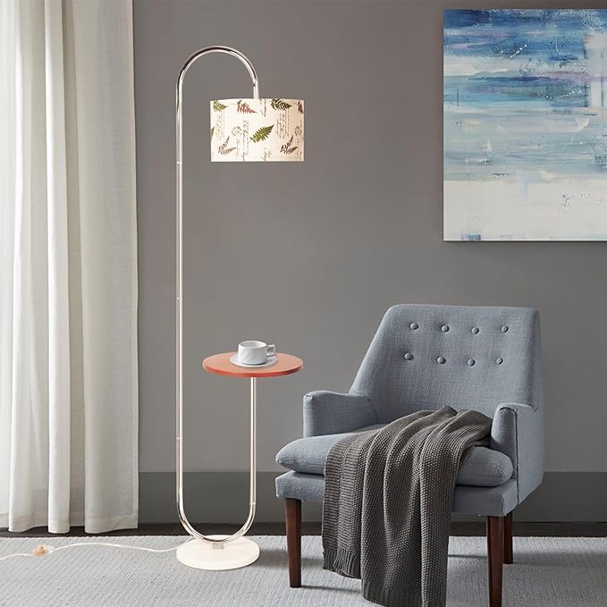Hsyile Arc Floor Lamp with Hanging Drum Shade for Living Room-Marble Base Modern Tall Stand Up Light with Table, Contemporary Over The Couch Chrome Lamp Standing Lamps