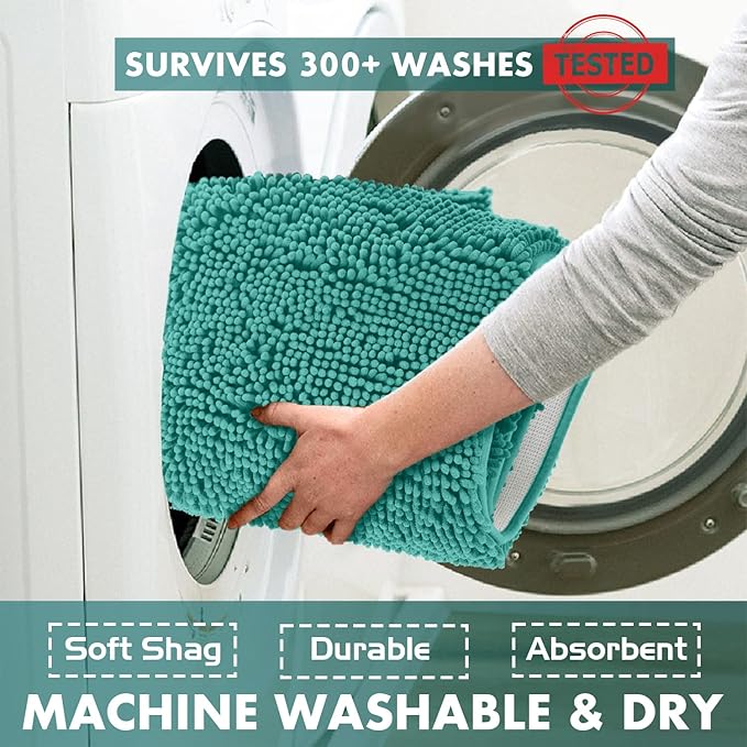 LuxUrux 2-Piece Bathroom Rug Set - Ultra-Plush Chenille Mats, Includes Runner Rug, Soft, Absorbent, Non-Slip & Stylish (27x47 & 16x24 inches, Turquoise)