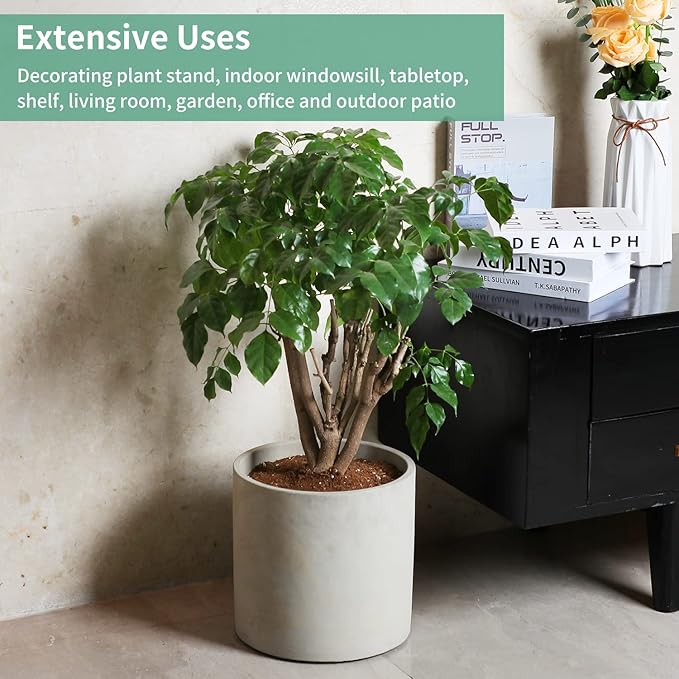 Cement Plant Pots Indoor - 12 inch Concrete Planter Pot for Planting - Modern Stone Clay Flower Pot with Drainage Hole for Garden, Home, Office Decor, Grey