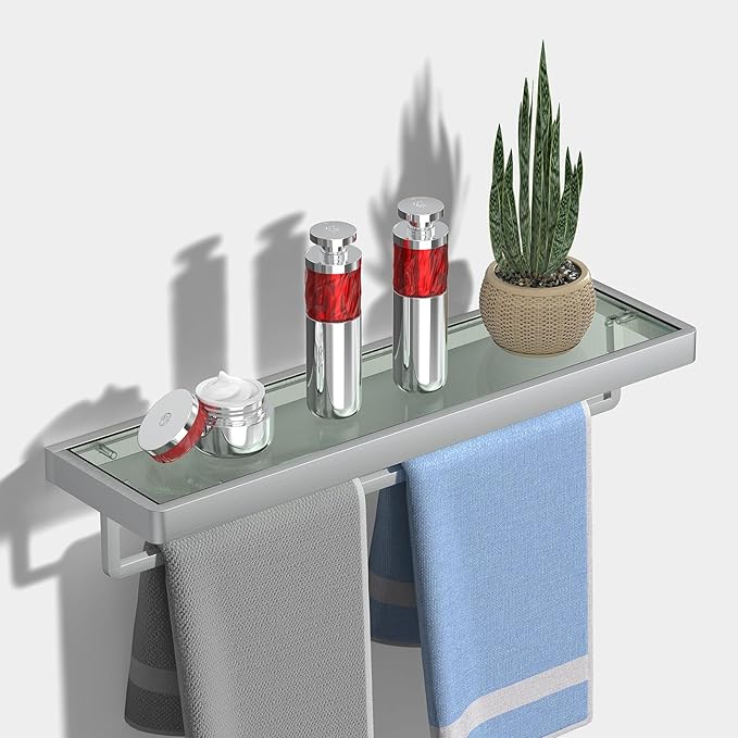 Glass Shelves/Shelf Wall Mount 20-in with Towel Bar/Rack Floating Shelves for Bathroom Tempered Glass Rectangular 1 Tier Organizer Wall Shelf (Brushed Nickel, 20'')