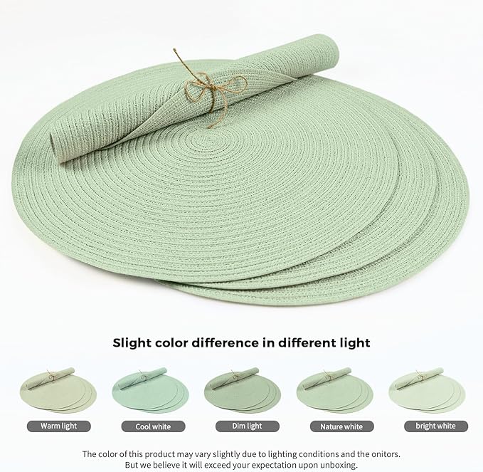 FunWheat Round Braided Placemats Set of 6 Place mats for Dining Tables Woven Heat Resistant Table Mats 15 inch (Mint Green)