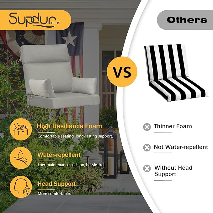 Sunbrella Outdoor High Back Chair Cushion, 2 Pack 48 x 24 inches Patio Chair Cushions Water Repellent Rocking Cushions Indoor Furniture Seat Pad with 2 Pillows, Specrtum Pebble