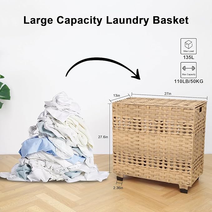 OIAHOMY Laundry Hamper with Lid, 140L Clothes Hamper with 3 Removable Liner Bags, Foldable Basket with Lid, Synthetic Wicker Laundry Basket for Bedroom, 27x 13 x 26 Inches, Yellow
