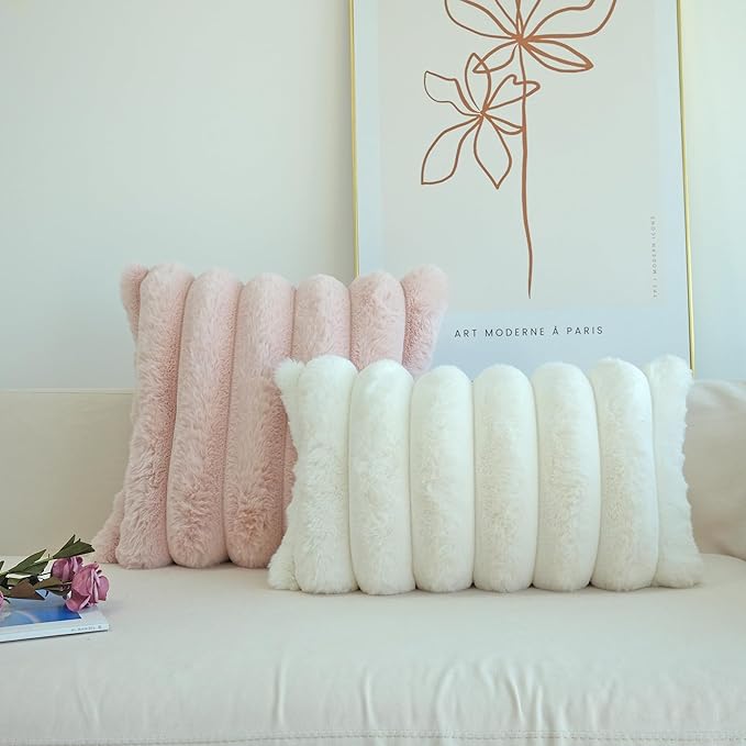 JOJUSIS Pack of 2 Faux Fur Plush Decorative Throw Pillow Covers Couch Cushion Case Soft Fluffy Pillowcases Wide Stripe (Pink, 20 x 20 Inch)