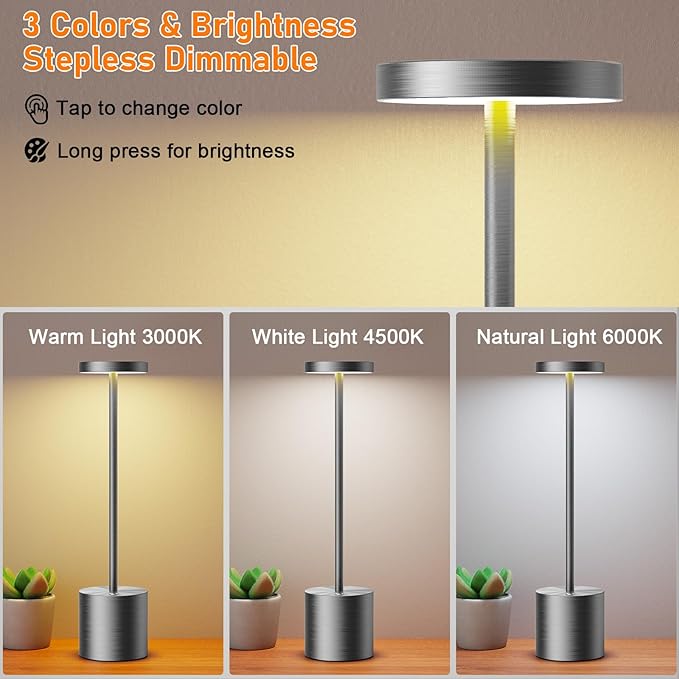 SAKRINGT Cordless Table Lamps Rechargeable,6000mAh Portable Battery Operated LED Table Light for Restaurant Outdoor Grey