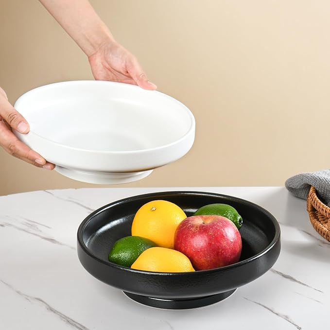 Ceramic Fruit Bowl for Kitchen Counter, 10.2" Large Modern Pedestal Bowl for Table Countertop, Footed Decorative Bowl for Home Decor (Black)