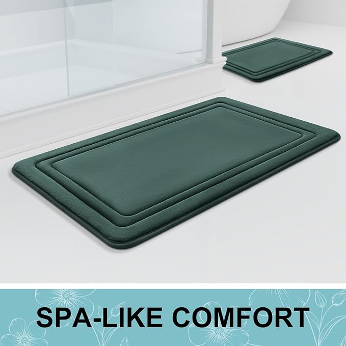 Grandaily Memory Foam Bath Mat Rug 24x16, Ultra Soft, Non-Slip and Absorbent Bathroom Rugs, Machine Wash Dry, Comfortable Bath Carpet for Bathroom Floor, Tub and Shower, Dark Green