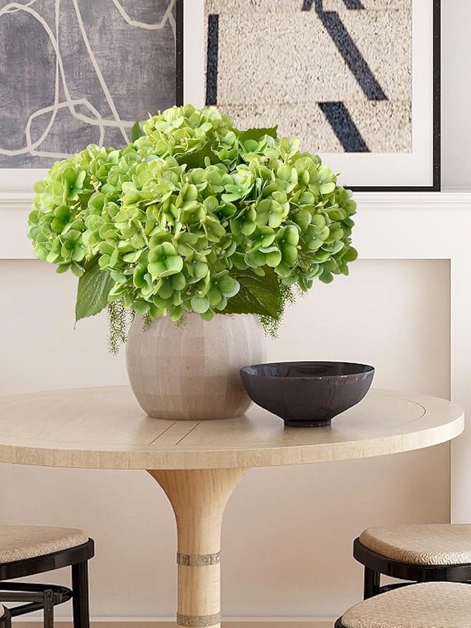 4PCS Green Fake Real Touch Hydrangea Flowers 20'' Lifelike Latex Artificial Hydrangeas for Spring Home Decor Outdoor Garden Porch Indoor Bathroom Living Room Kitchen Table Centerpiece