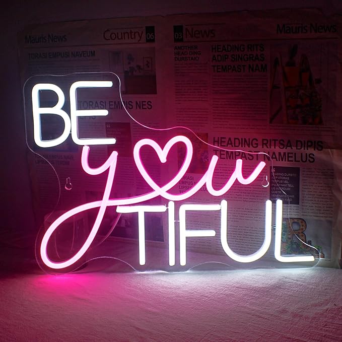 Be You Tiful Neon Led Sign, Rectangular Pink Neon Light Sign, 16.5''*11.6'', Wall Mount, Modern Love Theme, USB Powered, Acrylic Material, Perfect for Room Decor, Salon, Party, Gift