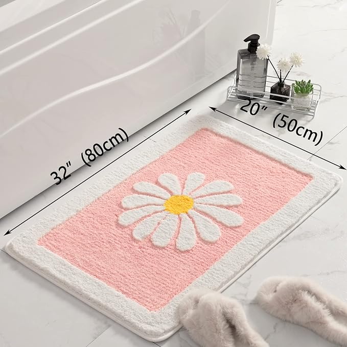 Fluffy Soft Superfine Fiber Bath Mat, White Flower - Non Slip Machine Wash Plus Mats (20x32, Pink)
