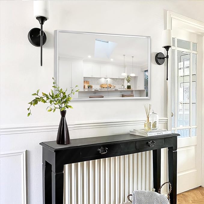 AAZZKANG Metal Frame Mirror Rectangle Wall Mounted Mirrors Large 26"x18" Decorative Modern for Bedroom Bathroom Entryway Hanging Vertically or Horizontally Silver