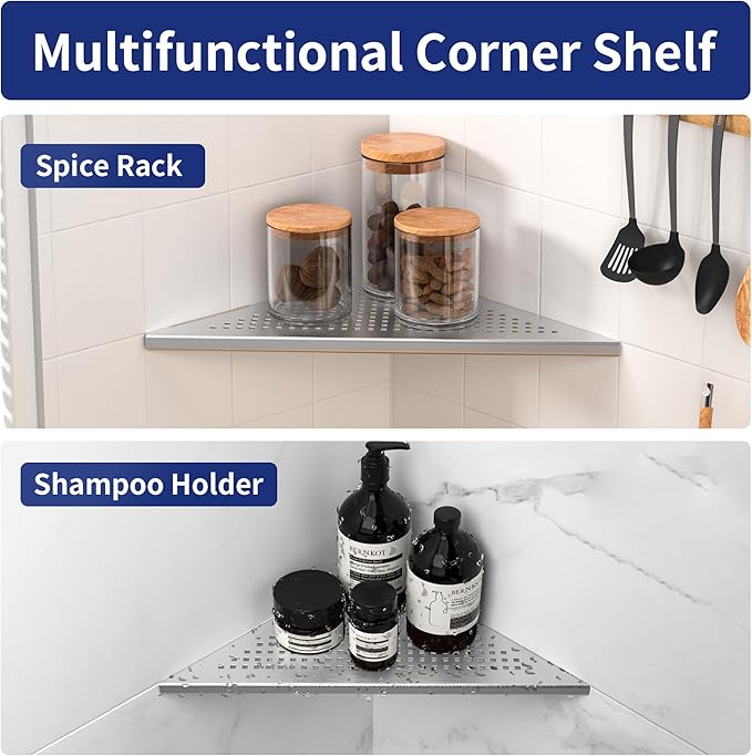 Corner Shower Shelves, 12" Brushed 304 Stainless Steel Recessed Shelf for Bathroom, Grout in Shelf for Tiled Wall, 2 Pack Large Size, No Drilling Needed