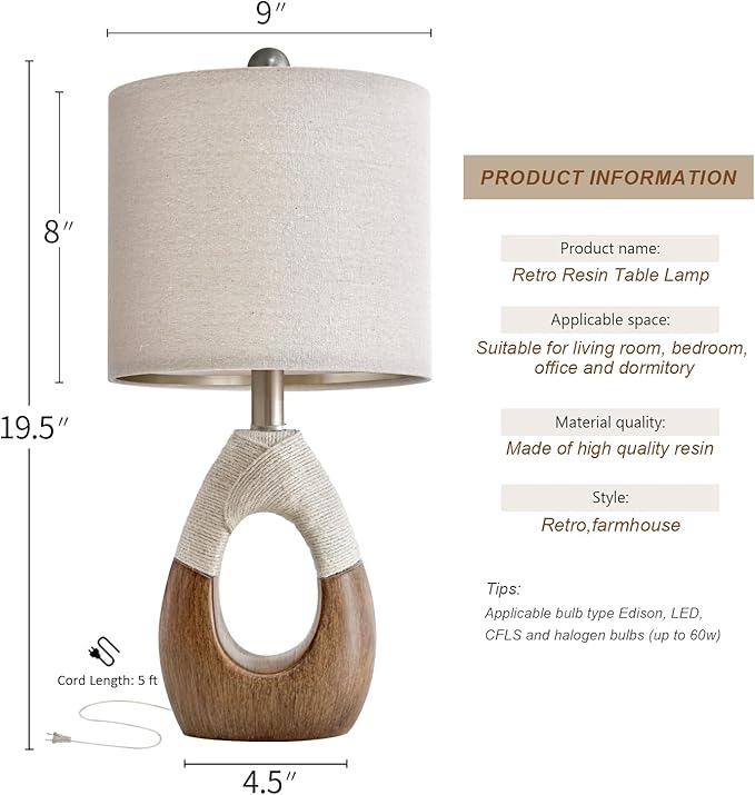 OYEARS Boho Table Lamps Bedroom Living Room Set 2,Suitable for Small Space,Farmhouse RattanTable Lamp 19”Rustic Egg Design Resin Light Decoration,Nightstand Bedside Lamps for Office Study Rest