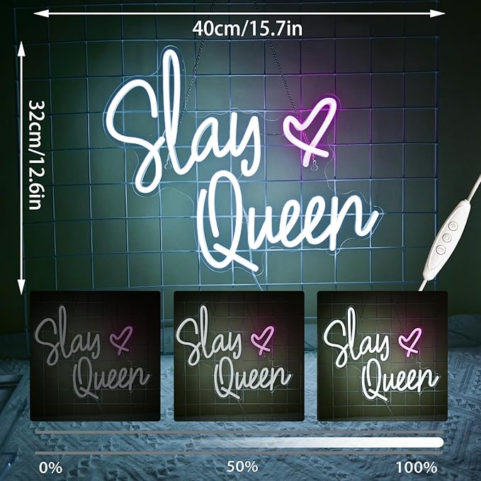 Slay Queen Neon Sign White Led Neon Signs Preppy Room Neon Lights For Wall Decor Dimmable Light Up Sign For Bedroom Bar Party Y2k Club Dorm Decoration Girls Gifts (15.7 * 12.6in)