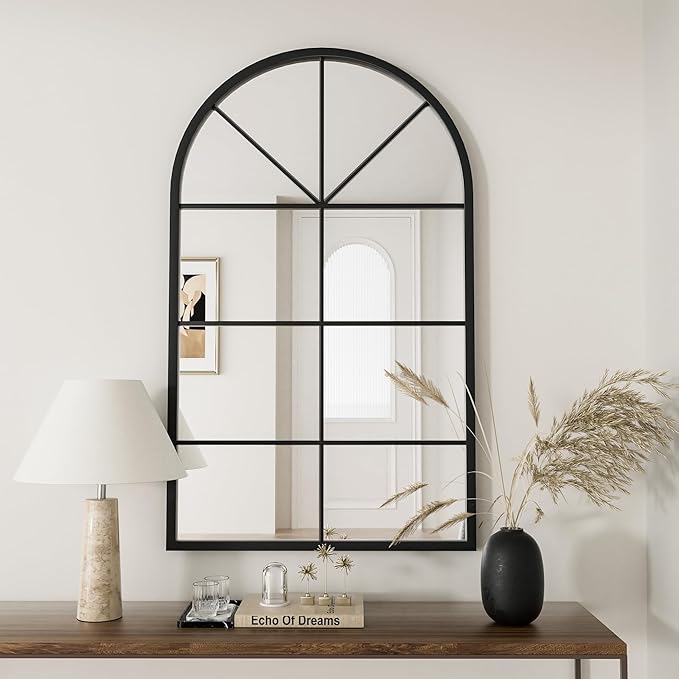 Arched Wall Mirror Wall Decorative, Iron Framed Window Pane Mirrors,38" x 24" Window Mirror, Arched Top Wall Mirror for Entryway Living Room, Bedroom, Fireplace .(Black)