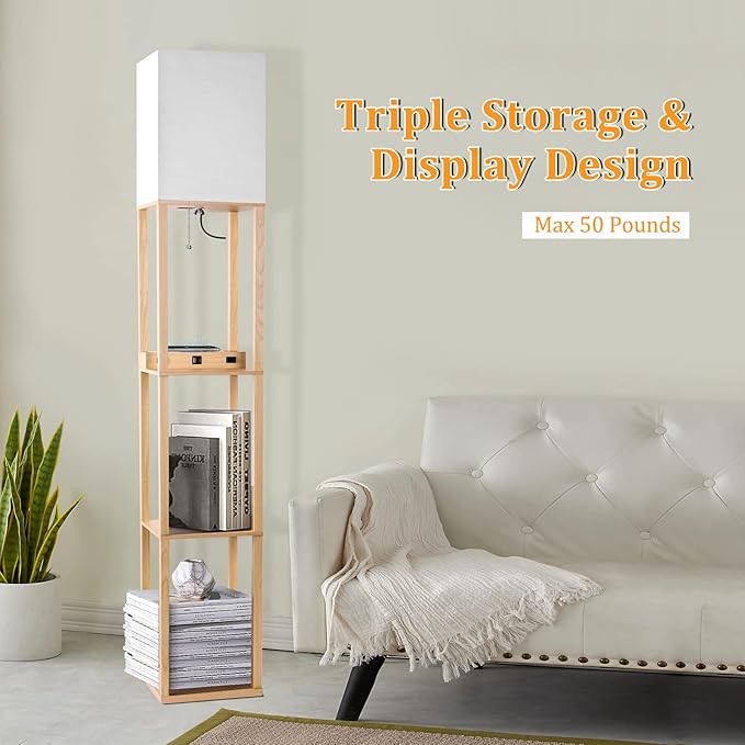 Dott Arts Floor Lamp with Shelves, Shelf Lamp with Wireless Charger & USB A+C Ports & 2 AC Outlets,3 Color Temperature Corner Tall Standing Floor Lamps for Living Room, Bedroom, Office (Burlywood)