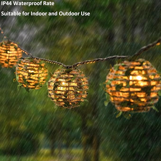 Decorative Lantern String Lights, Outdoor Plug in Hanging Lights with 10 Natural Hemp Rope Leaf Balls, Connectable Weatherproof Patio Globe Boho String Lights for Home Pergola Porch Party Backyard