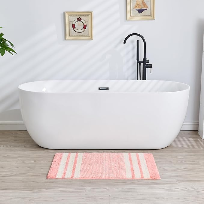 CozeCube Pink Striped Bath mats for Bathroom Non Slip, Fluffy Absorbent Microfiber Bath mat Washable, Aesthetic Bathroom Rugs, Cute Bath mat for Sink, 20" x 32"