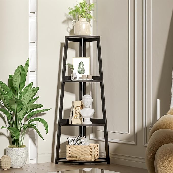 4 Tier Corner Shelf,Bamboo Corner Ladder Shelf,47" Tall Corner Ladder Bookshelf, Corner Shelving Unit for Bathroom, Bedroom, Living Room, Small Space Decor,Black