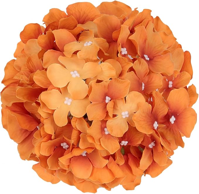 Flojery Silk Hydrangea Heads Artificial Flowers Heads with Stems for Home Wedding Decor,Pack of 10 (Fall Orange)