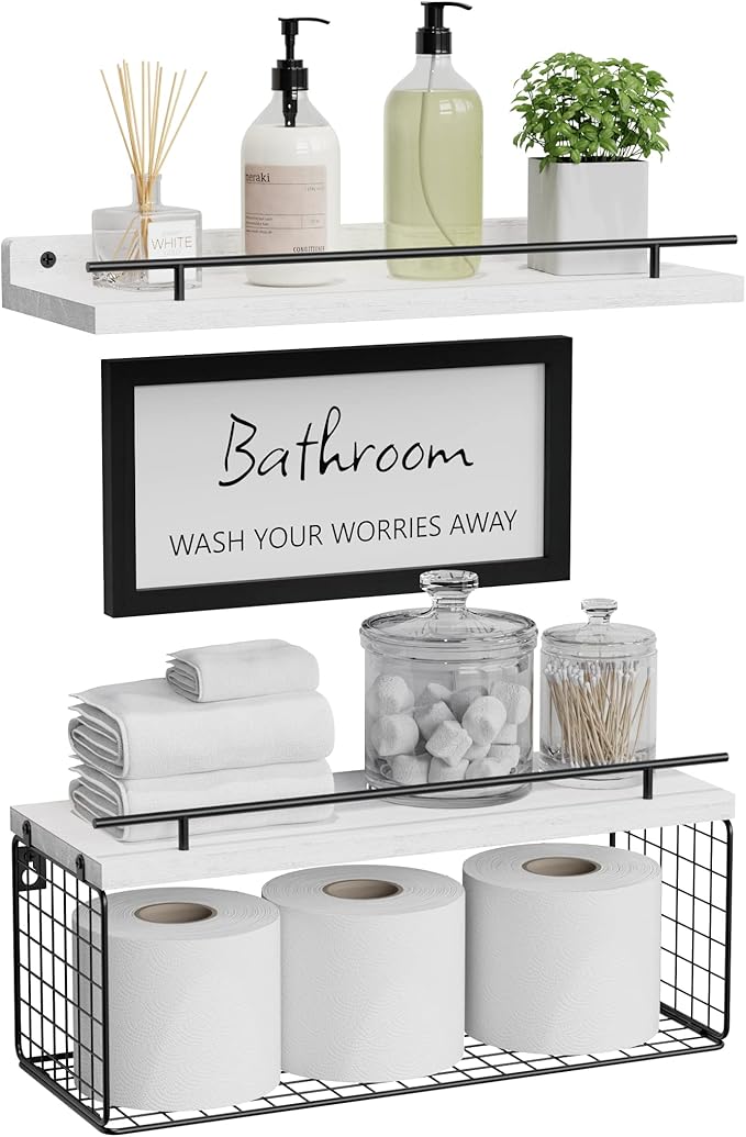 WOPITUES Floating Shelves for Bathroom Wall Decor Sign, Bathroom Organizer and Storage, Bathroom Shelves Over Toilet with Metal Guardrail-Modern White