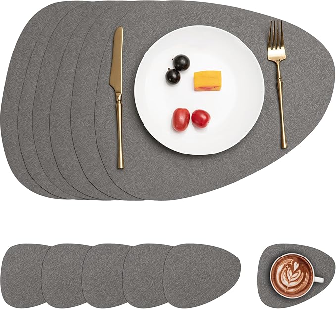 Myir JUN Placemats, Dual-Sided Placemats Waterproof Faux Leather Placemats Set of 6 Place Mats and Coasters Non-Slip Washable Table Mats for Dining Table (Gray, Set of 6)