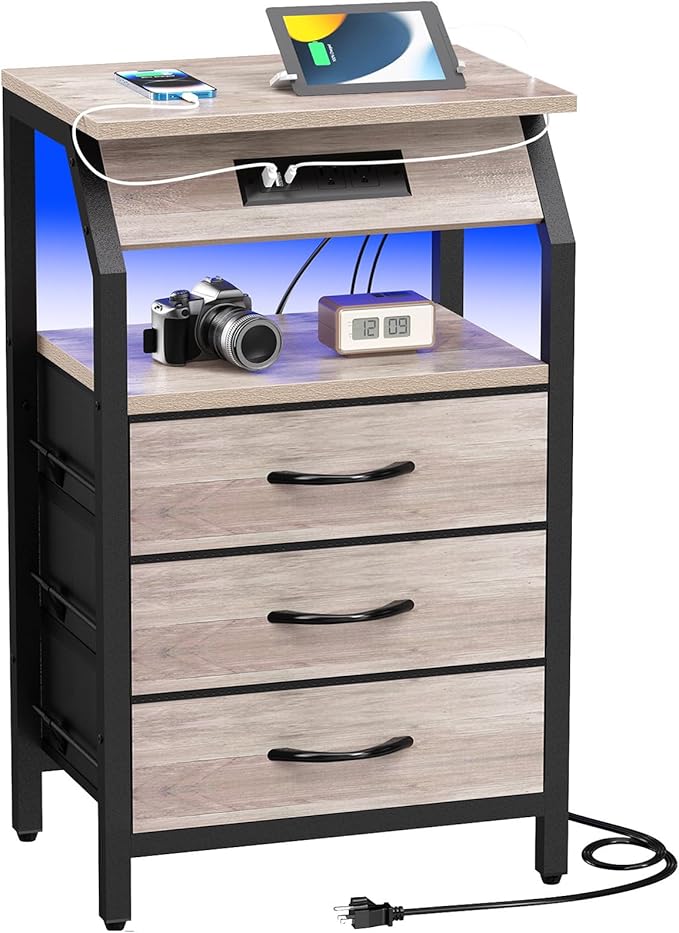 End Table with 3 Drawers, Night Stand with Charger Station and LED Lights, Small Nightstand with Fabric Storage, Farmhouse Side Table for Bedside, Living Room, Dorm, Greige