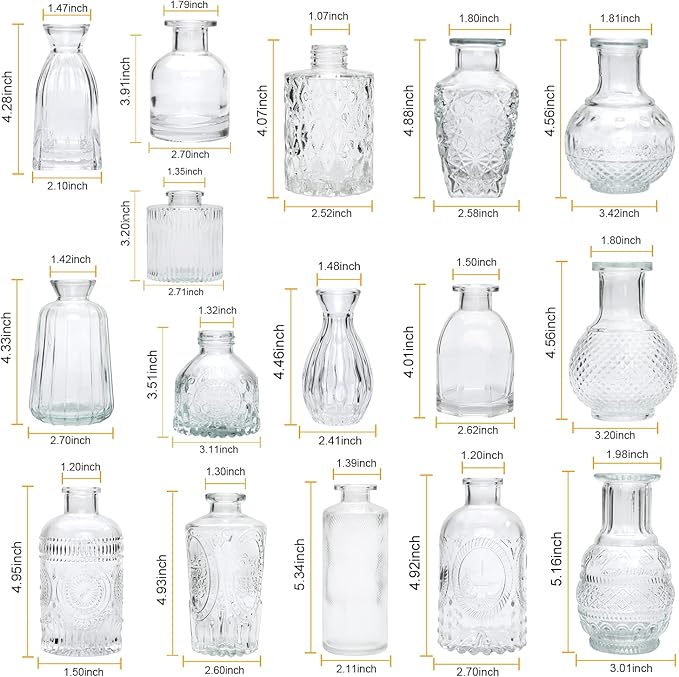 Glass Bud Vases Set of 32,Small Flower Vases for Wedding Centerpiece Table Decorations,Clear Vintage Embossed Mini vases,Flower Arrangements in Vases for Party or Home Decor
