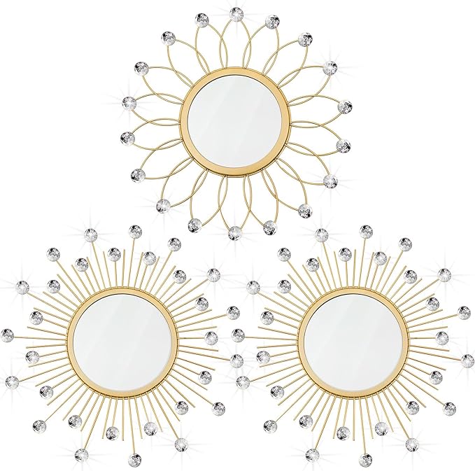 3 Pack Metal Mirrors for Wall Sunburst Wall Mirrors Home Décor Decorative Hanging Wall Art for Living Room Bedroom Entryway (Gold Crystal, Flower+Sunburst)