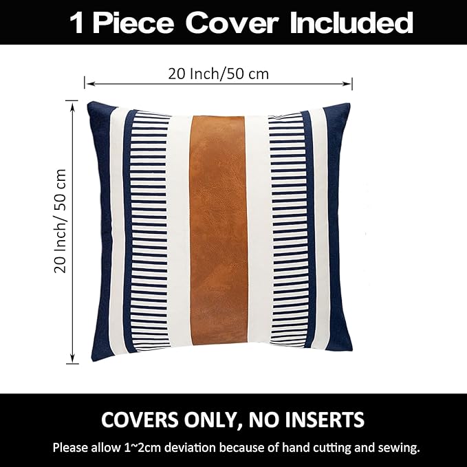 Boho Stripe Throw Pillow Cover 20x20 Decorative Couch Pillow Case,Faux Leather Modern Accent Cushion Cover for Sofa Bed Chair- Rustic Farmhouse Decor, Navy Blue