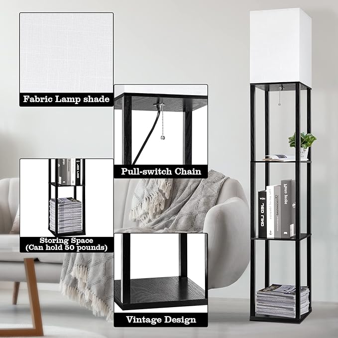 RUNTOP 3-Shelf Floor Lamp with LED Bulbs - Modern Standing Display Shelf Lamp for Living Room, Bedroom and Office (Black)