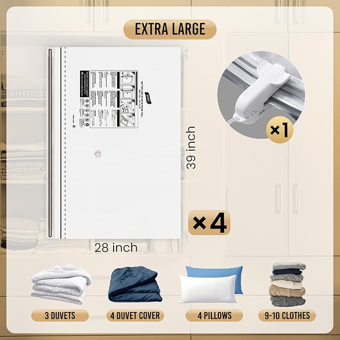 TAILI-LONG SIDE ZIP 4 Pack Vacuum Storage Bags, Vacuum Seal Bags for Clothing(39x28 inches), Jumbo Storage Space Saver for Beddings, Comforters, Blanket, Pillows and Clothes