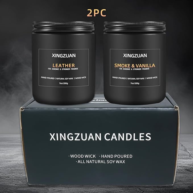 2PCS 10% Essence Smoky Vanilla Candle Set | Leather Scented Candle | Men's Room Decor | Black Soy Candle with Wood Wick | Long Lasting 45 Hour Time | Ideal for Man Cave, Bedroom, or Officec