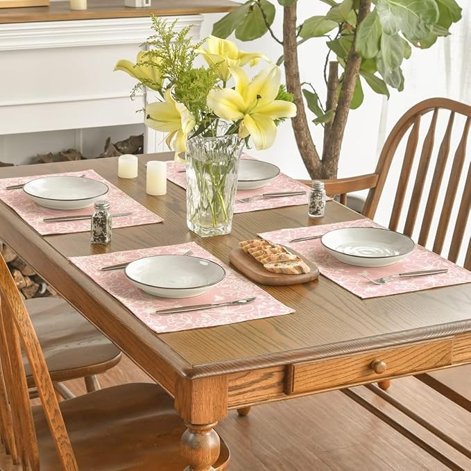Artoid Mode Pink Bloom Flowers Summer Placemats Set of 4, 12x18 Inch Seasonal Spring Table Mats for Party Kitchen Dining Pink Decoration