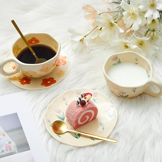 Vesici 4 Pcs Ceramic Coffee Mug with Saucer Spoon 8.5 oz Flower Cup with Handles Floral Aesthetic Vintage Porcelain Cute Mug Set for Tea Latte Milk Office Home, Dishwasher and Microwave Safe, 4 Styles