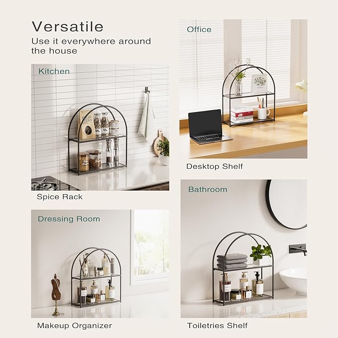 Crofy Black Arched Frame Wall Shelf, Decorative 2 Tier Bathroom Wall Shelf with Transparent Tempered Glass Shelves and Robust Storage Capacity, 6" D x 17.9" W x 19.18" H