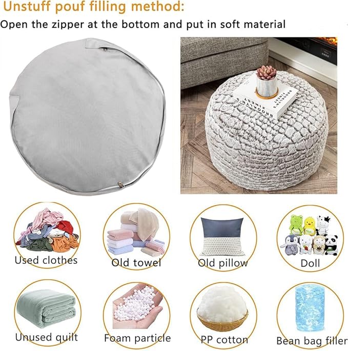 Asuprui Ottoman Pouf Unstuffed Pouf Ottoman Foot Rest 20x12 Inches Fuzzy Chair Round NO Filler Floor Bean Bag Chair Foot Rest with Storage for Living Room Bedroom Cover ONLY Coffee White