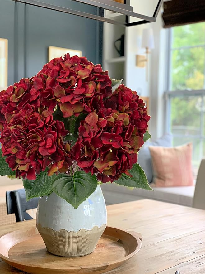 Red Hydrangea Artificial Flowers Large Artificial Hydrangeas Silk Red Fall Flowers for Home Decor Indoor Wedding Flowers Bouquets Faux Flowers Kitchen Centerpiece Table Decorations