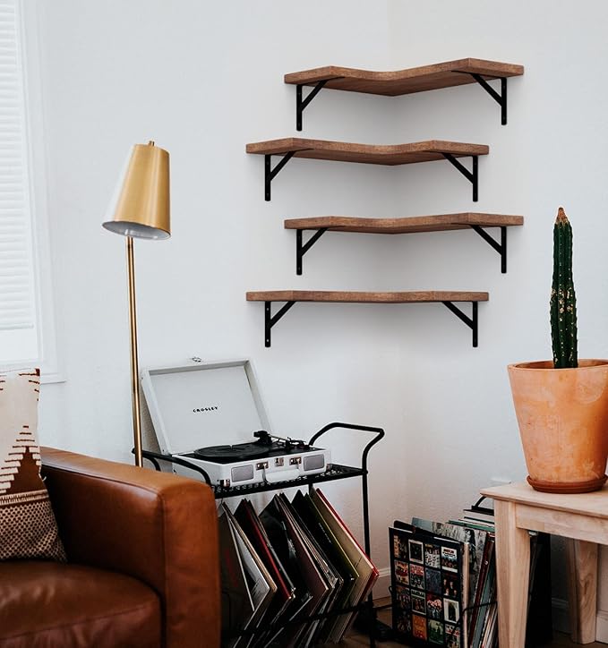LEOPO Corner Floating Shelves Set of 6, Hardwood Storage Shelves, Cozy & Dependable Floating Shelves for Bedroom, Living Room, Kitchen, Office and More