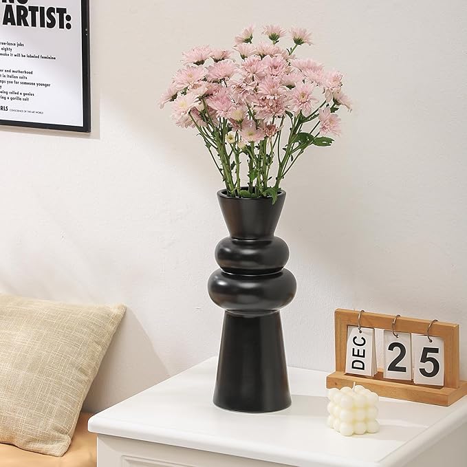 Black Floor Vase, Black Ceramic Vase for Home Decor, Modern Farmhouse Vases, Boho Tall Floor Vases for Living Room, Dining Table, Office, Shelf Decor, 13 Inches